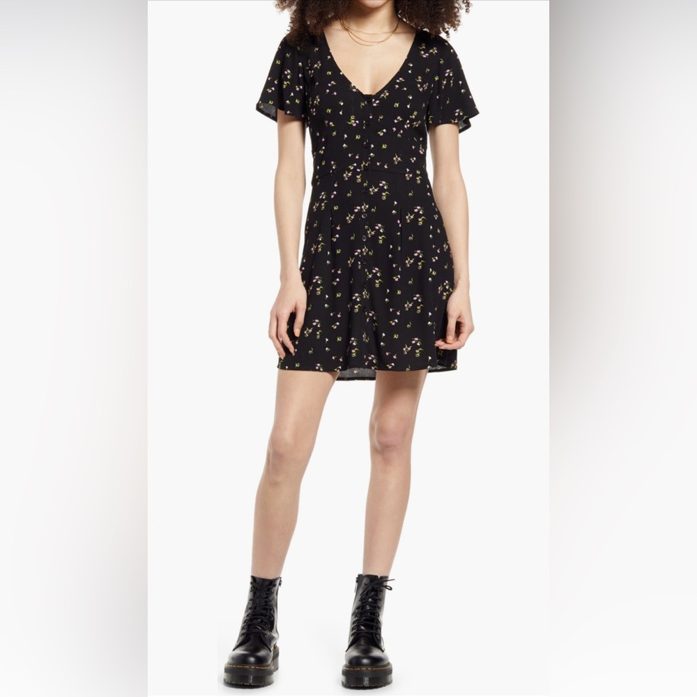 BP. Print Flutter Sleeve Skater Floral Black Mini Dress